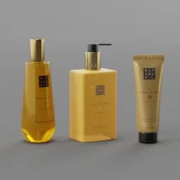 "Discover The Ritual of Mehr cosmetics in stunning 3D detail with this BlenderKit model, featuring three types of body care products showcased on a sleek gray surface with gold flowers and vectorial curves. Inspired by Constance Copeman and rendered in Unreal 5, this CGI creation captures the essence of luxury and sophistication."