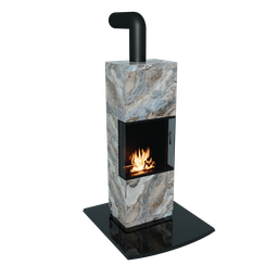 "3D model of Pellet Burning Stove made from Marble stone for Blender 3D software. Features black pipe on top, smoky chimney, and Nordic forest colors. Full-view and 3/4 front view available."