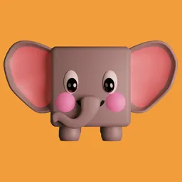 Stylized low poly elephant 3D model for Blender, optimized for mobile game design, with a simplistic cube-shaped body.