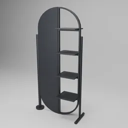 Curved black 4-tier Blender 3D model shelf, ideal for books and decor, rendered with neutral background.