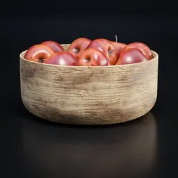Realistic 3D render of a wooden bowl filled with shiny red apples, optimized for Blender use.
