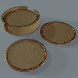 "Wood coasters with cork liner and holder - BlenderKit 3D model. Keep table dry from beverage condensation with oak coasters by Derf - high resolution render."