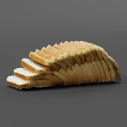 "Lowpoly 3D model of highly detailed sliced bread in Blender 3D. Inspired by Rezső Bálint, this professional studio photograph depicts the bread slices with jagged spiraling shapes and antialiasing. Perfect for your baking or food-related rendering projects."