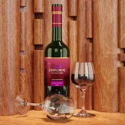 3D rendered wine bottle and glasses setup against wooden backdrop for Blender modeling showcase.