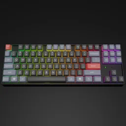 Highly detailed 3D model of a mechanical keyboard with colorful keycaps, compatible with Blender for rendering.