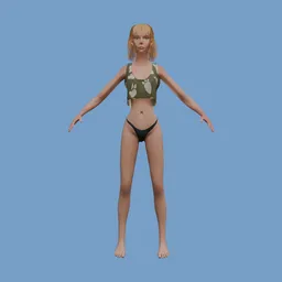 Rigged 3D female model in a t-shirt, ready for animation in Blender, ideal for character design.