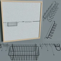 Detailed 3D Blender model of a 4x4 framed pegboard with customizable hooks and holders set, ideal for tool organization.