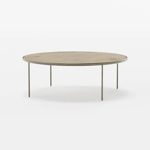 3D model of a chic, low-profile round table with a wooden surface and sleek golden legs, perfect for Blender 3D furniture rendering.