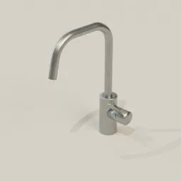 Realistic Blender 3D render of a modern stainless steel kitchen faucet with a swivel spout design.