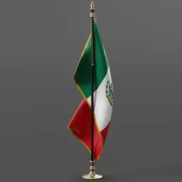 Detailed 3D render of a Mexican flag on a golden stand, perfect for Blender 3D projects and interior visualizations.