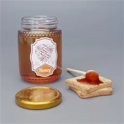 "Highly detailed 3D model of a complete Honey Set, including a jar of honey, rusks, and wooden honey collector. Perfect for breakfast or dessert scenes in Blender 3D. Features PBR textures for realistic rendering and UV mapping for easy customization."