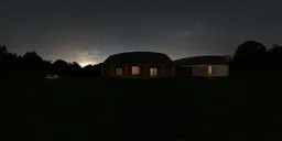 House with illuminated windows at night in lush garden with purple flowers, 12K HDR for scene lighting