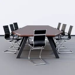 Detailed Blender 3D model of a hexagonal office table with chairs for seven, ideal for corporate settings.