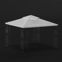 "Outdoor pavilion tent in sleek white design with slavic features, perfect for garden gatherings. Waterproof and metal shaded, with a center focus on the table. Created with Blender 3D software, dimensions 330x330x275 cm."