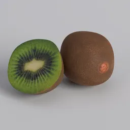 "Handcrafted high-poly 3D Kiwi set with a cut version, created in Blender 3D. Features detailed textures in dark brown, white, and green tones, along with a photorealistic appeal. Perfect for fruit and vegetable 3D modeling enthusiasts."