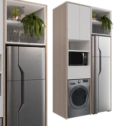 Detailed 3D kitchen furniture model with appliances and plant decor for Blender rendering.