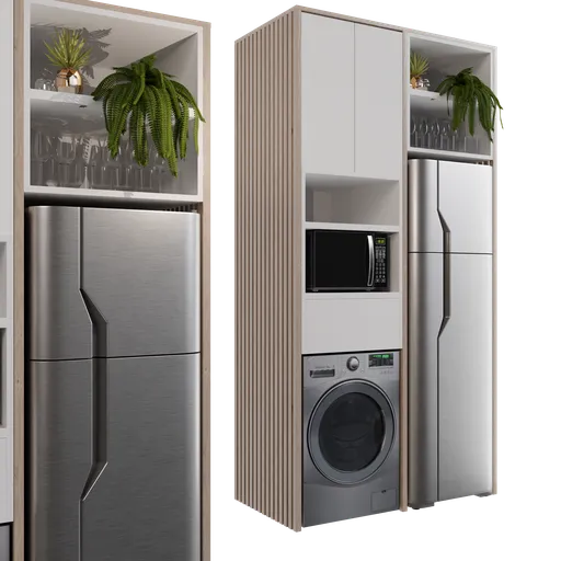 Detailed 3D kitchen furniture model with appliances and plant decor for Blender rendering.