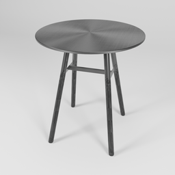 "A sleek Aluminum Cafe Table for Blender 3D, measuring 74x68cm. Featuring a black tabletop, wooden base, and grey metal body. Created in 2019 and rendered with a 3D rim light and textured base, perfect for adding to your 2D or 3D designs. Available for purchase on the Store website, with texturing from Texturing XYZ."