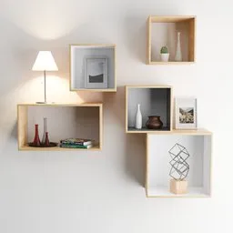 Detailed 3D wooden shelf with decorative items, lighting, and books for Blender rendering.