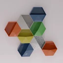 Colorful hexagonal 3D model wall shelf design in Blender, ideal for modern interior visualization.