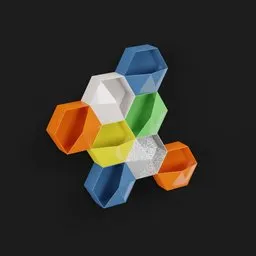Colorful hexagonal 3D model wall shelf design in Blender, ideal for modern interior visualization.