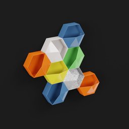 "Colorful geometric hexagonal wall rack made with 3D printing technology for both interior and exterior spaces. Trendy design inspired by Damien Hirst's kitbash 3D art and stylized geometric flowers, featuring clean lines and polygroups. Perfect for office storage according to the category slug."