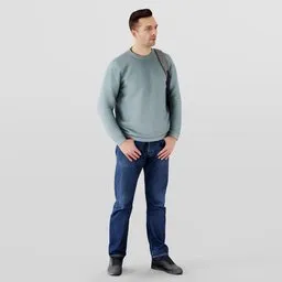 Realistic male 3D model with blue sweater and jeans for Blender rendering, poised with casual stance and backpack.