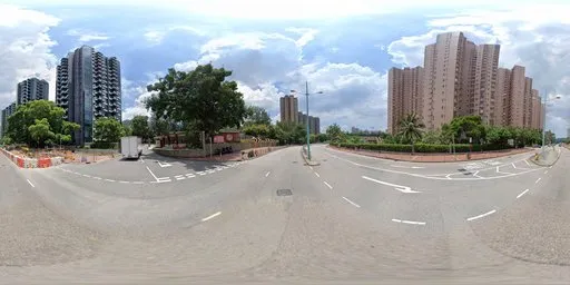 360-degree urban HDR panorama with sunshine and clear skies for realistic 3D scene lighting.