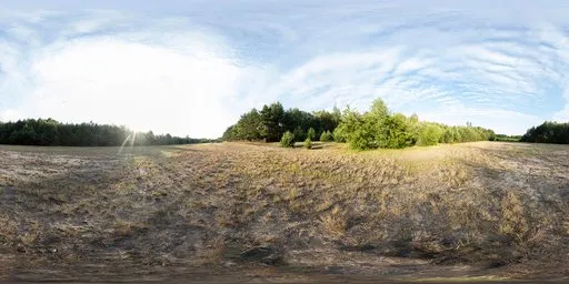 Bright 17k HDR image of a sunny Polish field with clear sky, perfect for realistic lighting in 3D scenes.