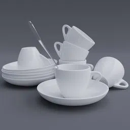 Detailed 3D render of a white porcelain cup and saucer set with silver spoon, ideal for Blender 3D projects.