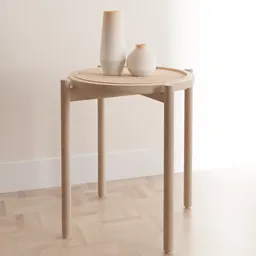 Round wooden side table with vase 3D model, featuring intricate old wood texture, suitable for Blender interior design.