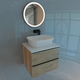 3D rendered modern bathroom vanity with oak finish and vessel sink, paired with a round mirror for Blender.