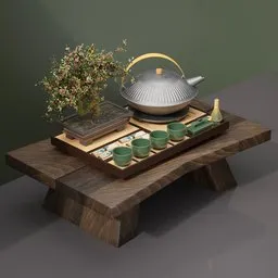 "Chanoyu 3D model for Blender 3D - Japanese tea set on wooden table with pot and potted plant. Inspired by Torii Kiyomasu II, rendered in studio octane with PlayStation 1 graphics and holding a Boba milky oolong tea, this model is perfect for creating a complete tea ceremony scene. Made in Blender 3.4.1, with compatibility available by swapping the MixColor Node."