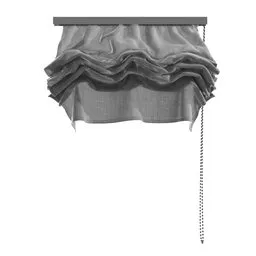 "Realistic 3D model of an Austrian Blind with ruffles and a chain detail, created using Blender 3D software. The shading and pleating are hyperrealistic, and the image features a grey-scale color palette. Perfect for adding a touch of elegance to any 3D interior design project."