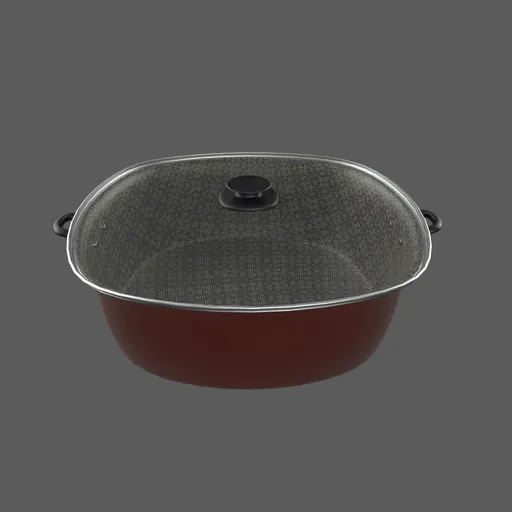 High-quality 3D Blender model of a red Dutch Oven with a detailed glass lid, perfect for kitchen visuals.