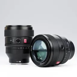 "Sony FE 50mm f/1.2 GM Lens 3D model for Blender 3D - Close up of camera lens and lens cup. Official product image with glossy sphere, enso and round windows. Perfect for photography enthusiasts."