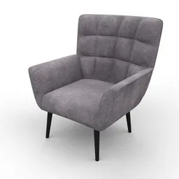 "Grey upholstered Kian interior chair with 4k textures - a realistic Blender 3D model. The elegant design features West Slav influences and a flat triangle-shaped head. Perfect for virtual metaverse rooms and interior design projects."