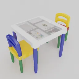 "Kid's plastic table and chairs with art supplies compartment 3D model rendered using Blender 3D software. Perfect for children's bedrooms and soft play areas, this realistic 8k model features character sheets on the table and an IKEA style design. Great for tricolor backgrounds and orthographic 3D rendering."