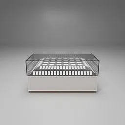 Alt text: "3D model of a Showcase Counter for Tech Shop in Blender 3D, featuring a glass display case with a white base and an industrial lighting design. This retail furniture model is perfect for showcasing products and has a grid layout inspired by Évariste Vital Luminais. Get this model at BlenderKit today!"