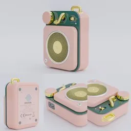 "MUZEN Button Mini Portable Wireless Bluetooth Speaker - 3D model in Blender 3D, pink and green design inspired by Wes Anderson and Miklós Borsos, with a 50s neodada style. Ideal for scientific instruments and audio category projects."