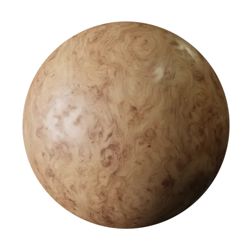 High-resolution burl wood texture for 3D modeling, featuring swirling grain patterns and rich brown colors suitable for PBR rendering.