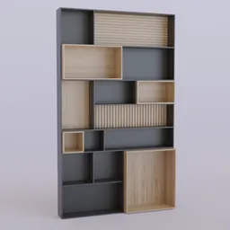 High-resolution 3D model of a modern gray bookshelf with wooden details, suitable for Blender rendering.