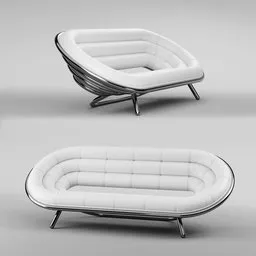 "Riluc Swing Sofa: A monochrome 3D model of an inviting white couch with attractive feminine curves, perfect for various public spaces. The sofa features a strong tubular structure covered in smooth leather, making it ideal for hotels, lounges, waiting rooms, or professional conference rooms. Created using Blender 3D software."