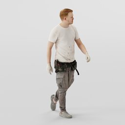 Worker in a White T-shirt Walking