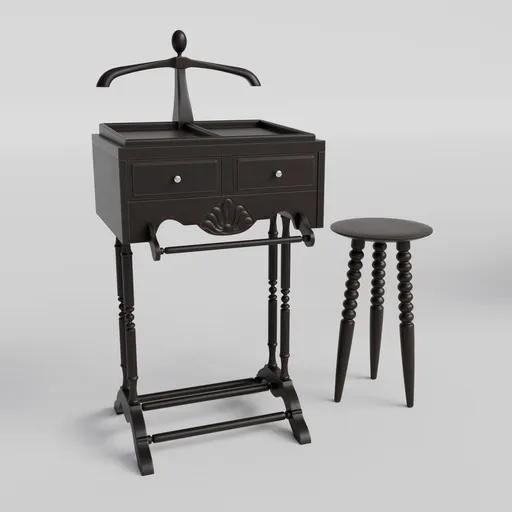 Detailed 3D model of a dark oak wood valet stand with bench, suitable for Blender renderings.
