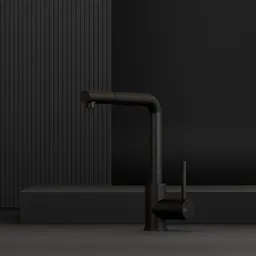 Detailed 3D rendering of a modern black kitchen faucet with a sleek design for Blender modeling.