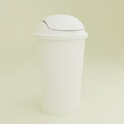 High-quality 3D rendering of a white trash can with a swinging lid for Blender modeling.