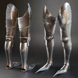 Detailed 3D model of metallic foot armor with straps, suitable for Blender animation and rendering, displaying authentic design elements.
