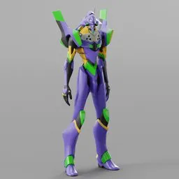 "Highly detailed and ready-to-animate Eva sci-fi character rigged 3D model for Blender 3D. Featuring a purple body, green arms, and a blonde emerald warrior concept inspired by Code Geass and Evangelion. Perfectly proportioned with clean topology and optimized UVs for effortless texturing."