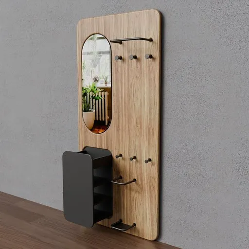 Realistic 3D render of a wooden coat rack with shoe storage and a mirror, ideal for interior design planning in Blender.